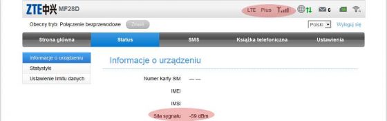 Poziom sygnału z anteną LTE