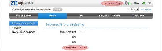 Poziom sygnału bez anteny LTE